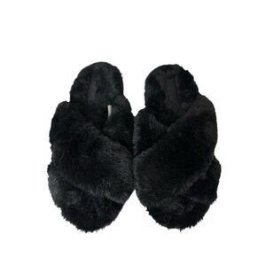 Victoria's Secret PINK Criss Cross Slipper Size 7-8 Medium Black Fuzzy Slides